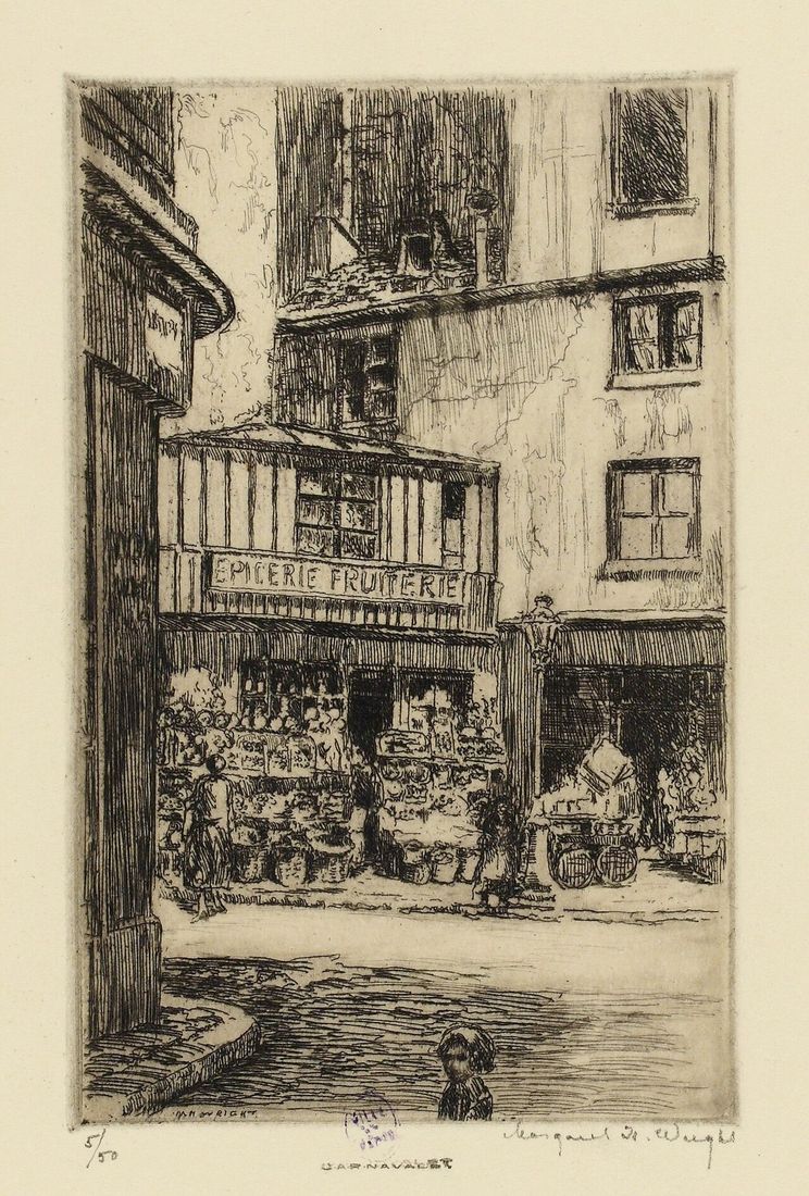 Eau-forte d'une devanture d'épicerie-fruiterie dans une rue ancienne